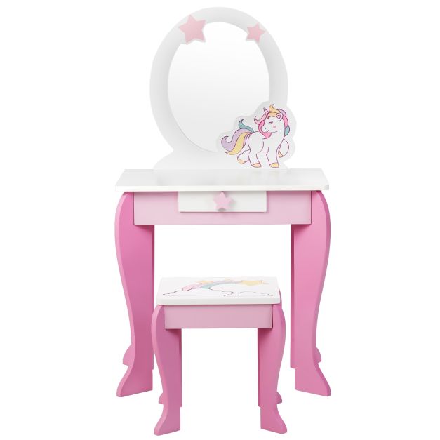 Coast Make-Up Tafel met Spiegel en Lade - Inclusief Krukje - 49,5 x 35,5 x 89 cm - Wit+Roze