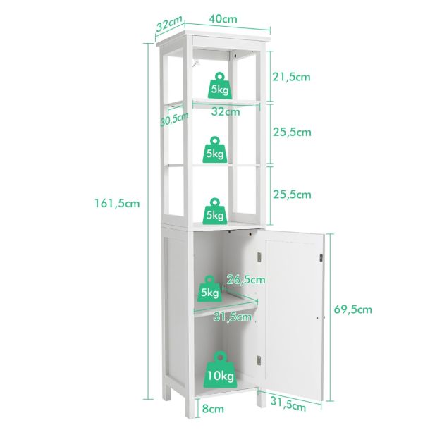 Coast 5 verdiepingen tellende smalle hoge kast met 3-positie opslag 40 x 32 x 161,5 cm wit