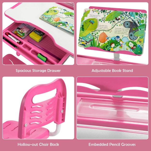 Coast Kinderbureau met stoel - Tekentafel - Hoogte verstelbaar - 71 x 52 x 79 cm - Roze