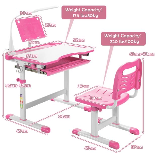 Coast Kinderbureau met stoel - Tekentafel - Hoogte verstelbaar - 71 x 52 x 79 cm - Roze