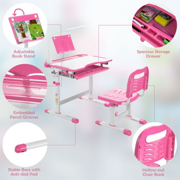 Coast Kinderbureau met stoel - Tekentafel - Hoogte verstelbaar - 71 x 52 x 79 cm - Roze