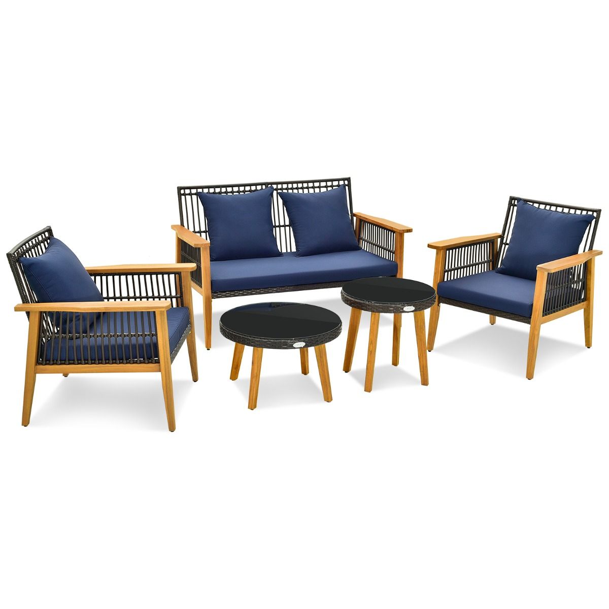 Coast 5-Delige Rotan Buitenmeubelset Bruin met Marineblauwe Kussens – 2 Stoelen, Loveseat en 2 Salontafels (Stoel 75x76x80 cm, Loveseat 132x76x80 cm, Tafel Ø48 cm & 60x38 cm)
