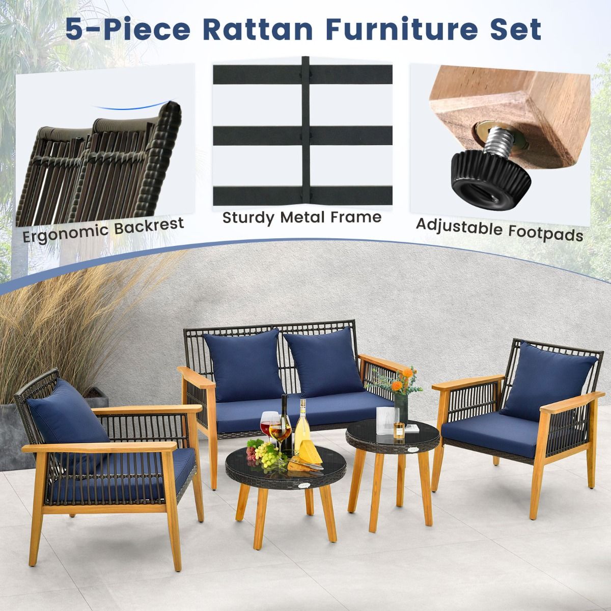Coast 5-Delige Rotan Buitenmeubelset Bruin met Marineblauwe Kussens – 2 Stoelen, Loveseat en 2 Salontafels (Stoel 75x76x80 cm, Loveseat 132x76x80 cm, Tafel Ø48 cm & 60x38 cm)