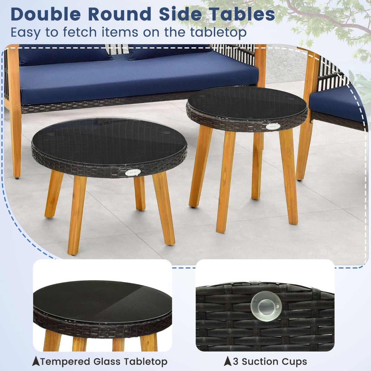 Coast 5-Delige Rotan Buitenmeubelset Bruin met Marineblauwe Kussens – 2 Stoelen, Loveseat en 2 Salontafels (Stoel 75x76x80 cm, Loveseat 132x76x80 cm, Tafel Ø48 cm & 60x38 cm)