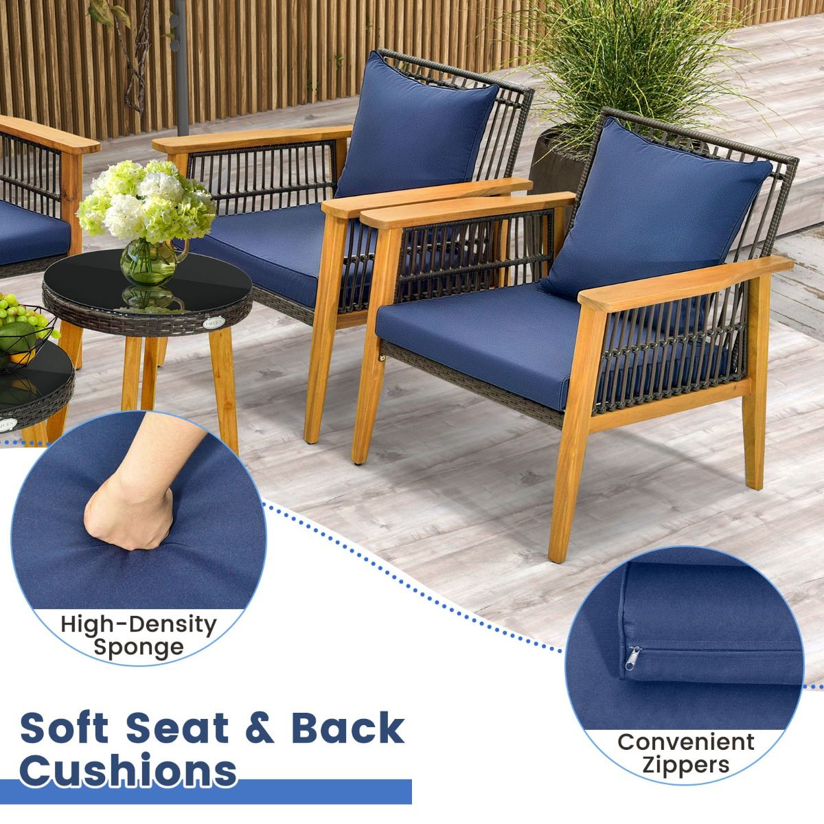 Coast 5-Delige Rotan Buitenmeubelset Bruin met Marineblauwe Kussens – 2 Stoelen, Loveseat en 2 Salontafels (Stoel 75x76x80 cm, Loveseat 132x76x80 cm, Tafel Ø48 cm & 60x38 cm)
