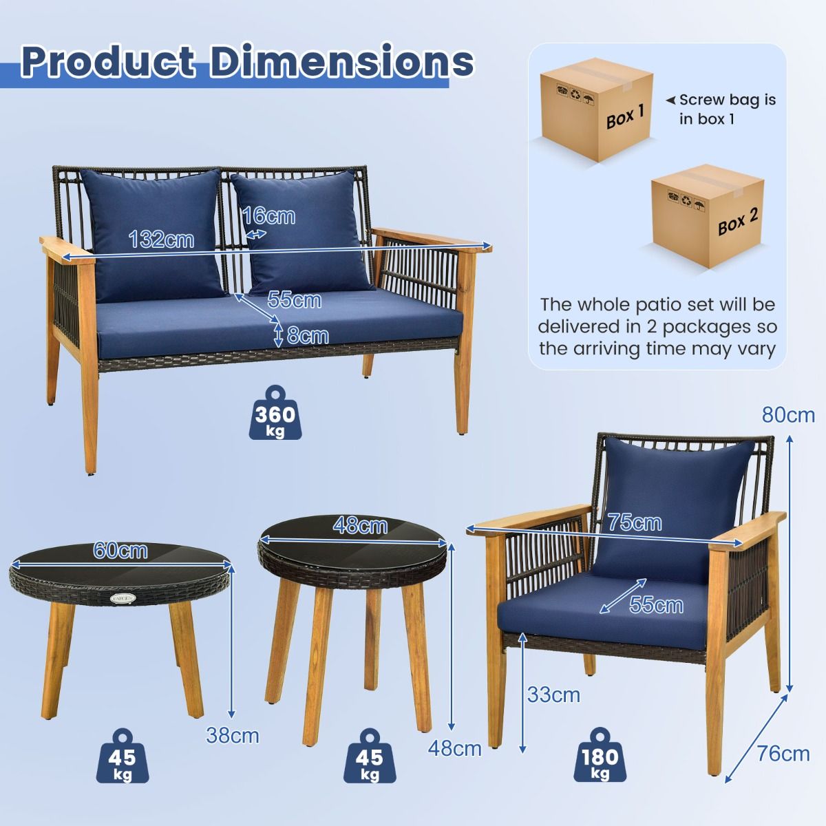 Coast 5-Delige Rotan Buitenmeubelset Bruin met Marineblauwe Kussens – 2 Stoelen, Loveseat en 2 Salontafels (Stoel 75x76x80 cm, Loveseat 132x76x80 cm, Tafel Ø48 cm & 60x38 cm)