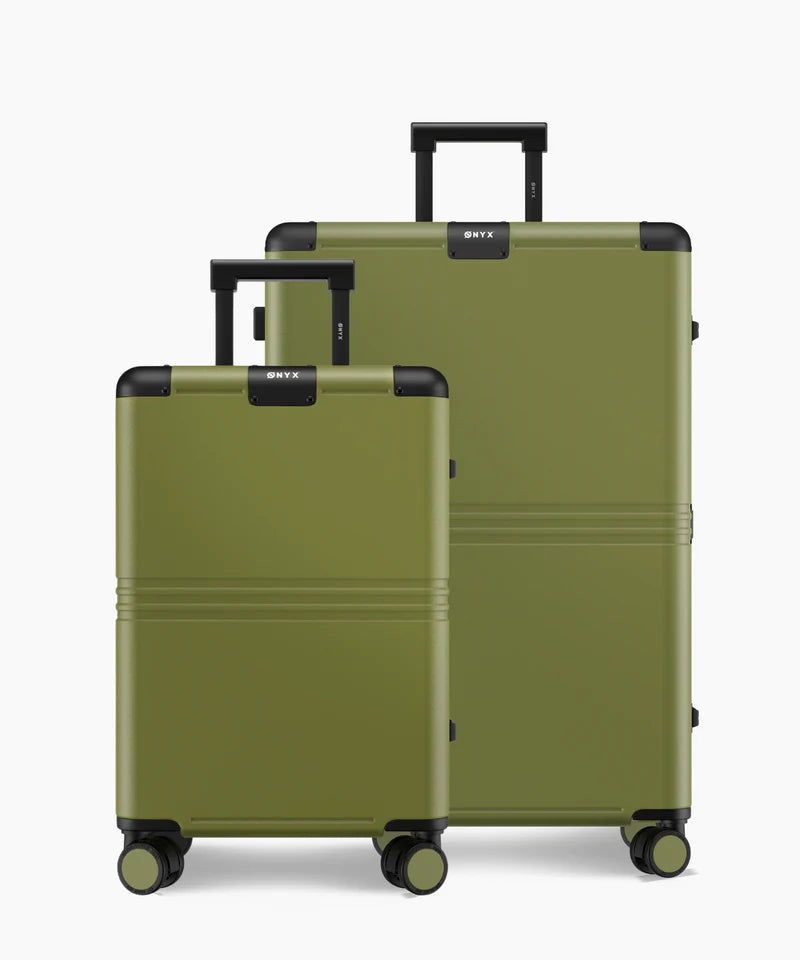 Onyx Hybrid Pro Kofferset Twee Delig Onyx Journey – Voorzien Van Silent Run Hinomoto Wielen En Duits Makrolon Polycarbonaat Body En Geintegreerd Compressiesysteem – Voor Reis En Vakantie – Olive Green Polycarbonaat En Aluminium – 100L En 35L