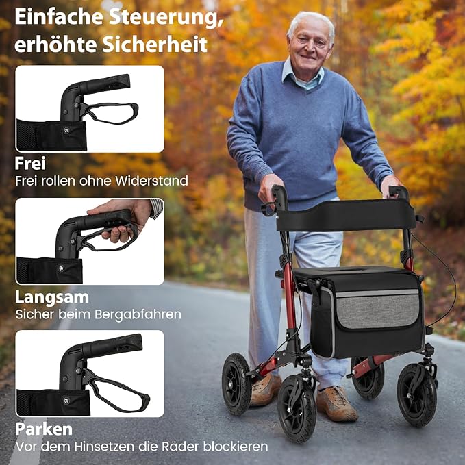 Coast Opvouwbare Rollator Rood – Lichtgewicht 2-in-1 Reisrollator met Zitje en Luchtbanden – 62 x 82 x 81,5-97 cm