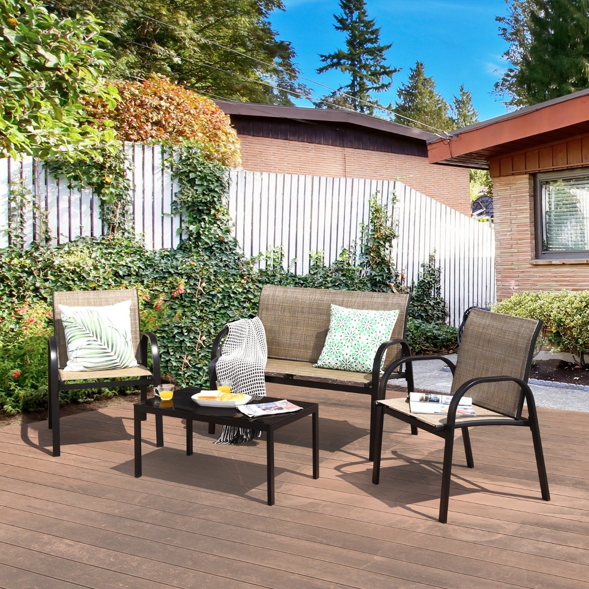 Coast 4-Delige Tuinmeubelset - Bank 2 Stoelen en Salontafel -Bruin - Metaal/Stof/Gehard Glas