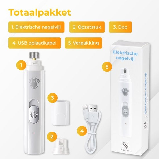 Nuvance - Elektrische Nagelvijl - voor Honden, Katten en Dieren - Usb Oplaadbaar - Diamant Vijlkop - Draadloos - Wit