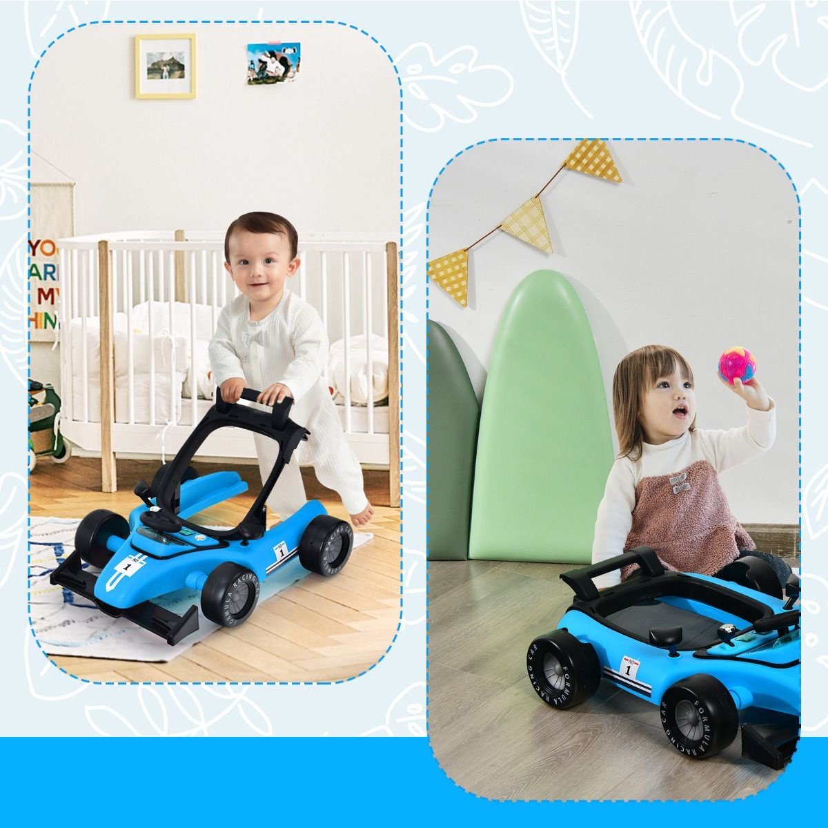 Coast 4-in-1 Loopwagen - Instelbare Hoogte - Anti Slip Pads - Blauw - 73 x 64 x 50,5-55,5 cm
