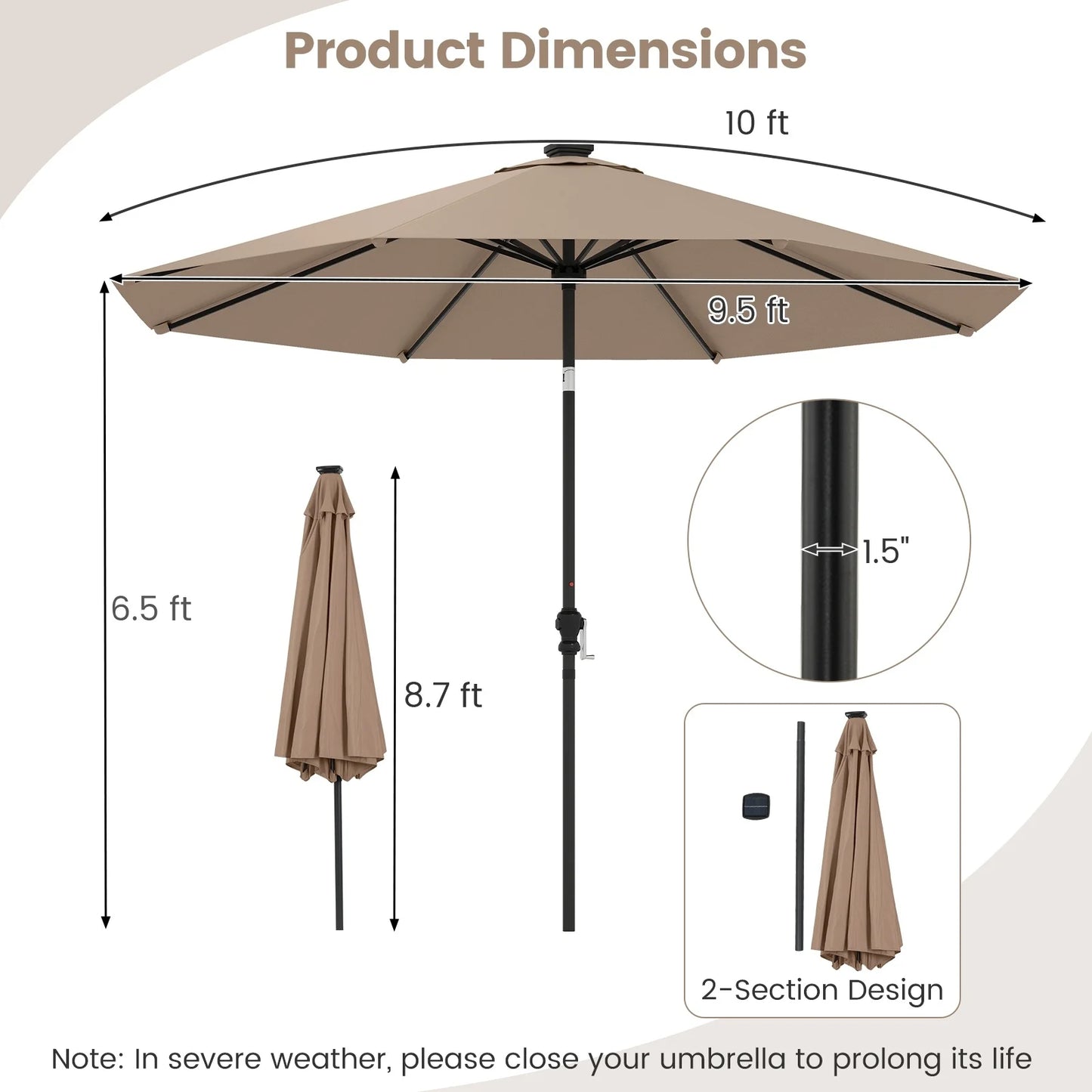Coast Parasol Met Zonne Energie Led Verlichting – Voorzien Van Negen Lichtstanden En Handmatig Kniksysteem En Handige Draaihendel – Voor Tuin En Terras – Beige Polyester En Metaal – Tweehonderdnegentig Breed En Tweehonderdzevenenveertig Hoog cm