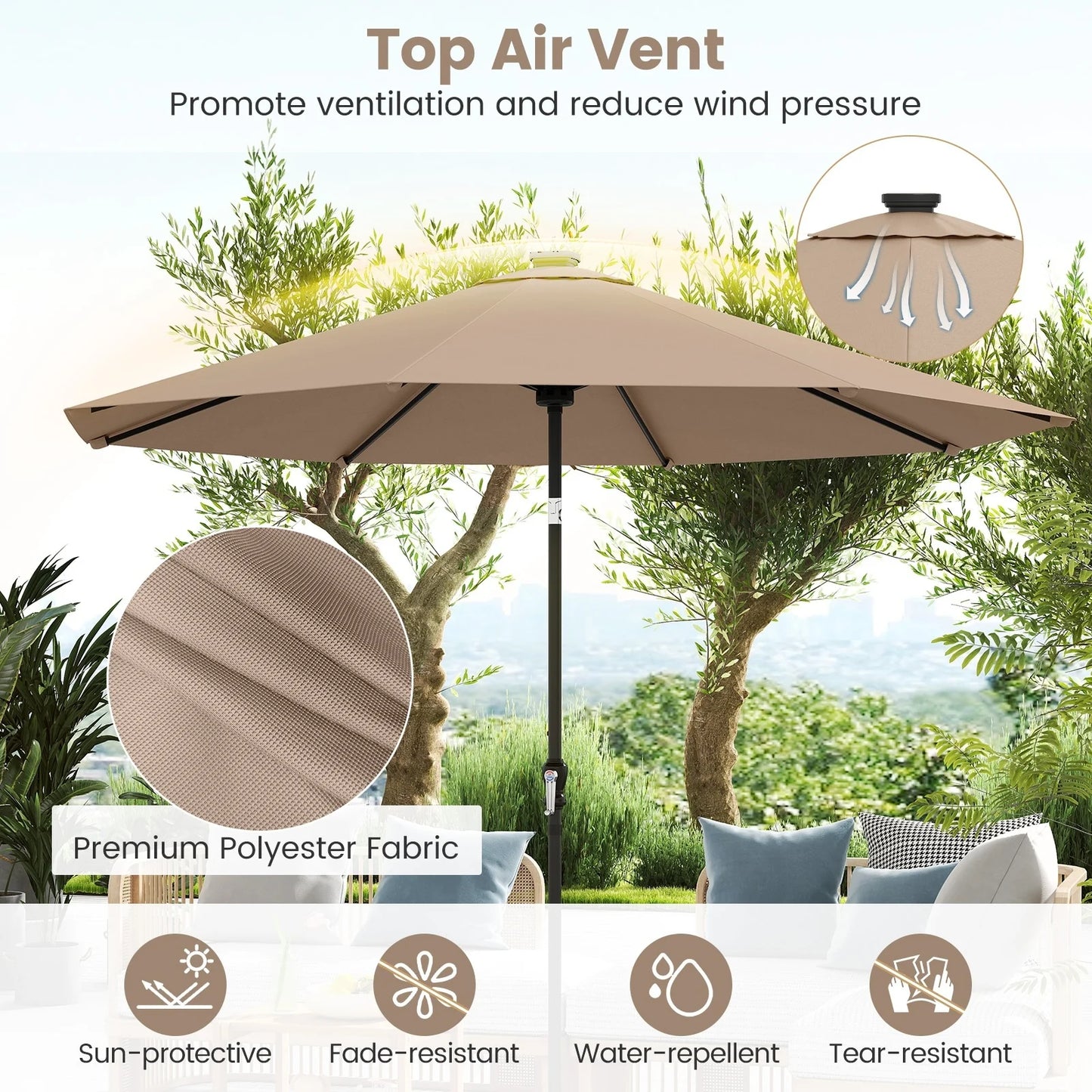 Coast Parasol Met Zonne Energie Led Verlichting – Voorzien Van Negen Lichtstanden En Handmatig Kniksysteem En Handige Draaihendel – Voor Tuin En Terras – Beige Polyester En Metaal – Tweehonderdnegentig Breed En Tweehonderdzevenenveertig Hoog cm