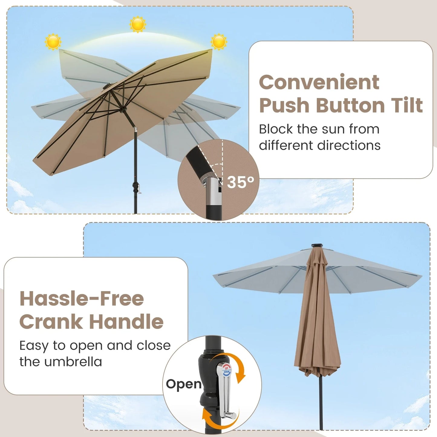 Coast Parasol Met Zonne Energie Led Verlichting – Voorzien Van Negen Lichtstanden En Handmatig Kniksysteem En Handige Draaihendel – Voor Tuin En Terras – Beige Polyester En Metaal – Tweehonderdnegentig Breed En Tweehonderdzevenenveertig Hoog cm