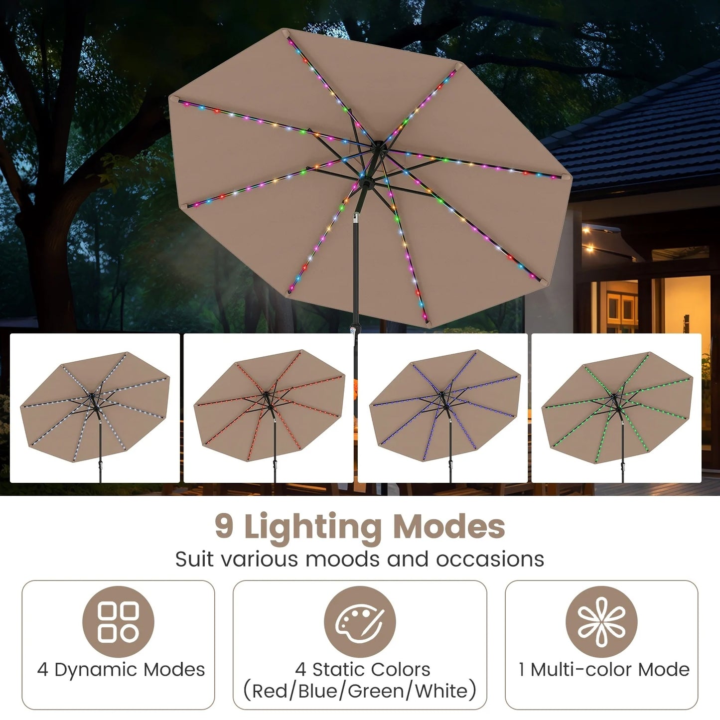 Coast Parasol Met Zonne Energie Led Verlichting – Voorzien Van Negen Lichtstanden En Handmatig Kniksysteem En Handige Draaihendel – Voor Tuin En Terras – Beige Polyester En Metaal – Tweehonderdnegentig Breed En Tweehonderdzevenenveertig Hoog cm