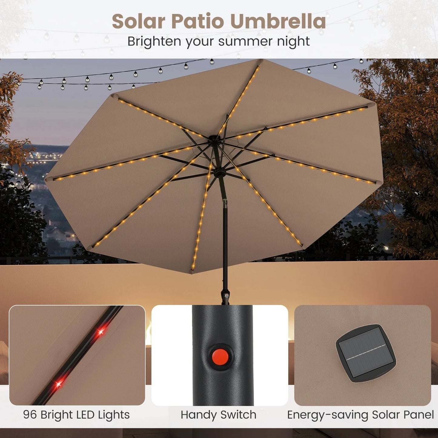 Coast Parasol Met Zonne Energie Led Verlichting – Voorzien Van Negen Lichtstanden En Handmatig Kniksysteem En Handige Draaihendel – Voor Tuin En Terras – Beige Polyester En Metaal – Tweehonderdnegentig Breed En Tweehonderdzevenenveertig Hoog cm