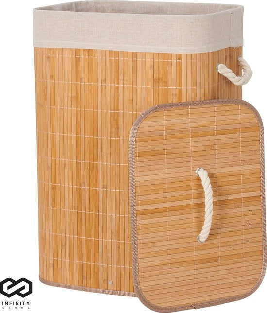 Infinity Goods Bamboe Wasmand met Deksel - Wassorteerder - Wasbare katoenen waszak - Handvatten - 72 Liter - Natuurlijk Bruin