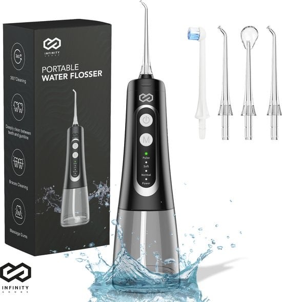 Infinity Goods Waterflosser - Monddouche - Elektrisch Flosapparaat - Draadloos En Oplaadbaar - 5 Opzetstukken - Zwart