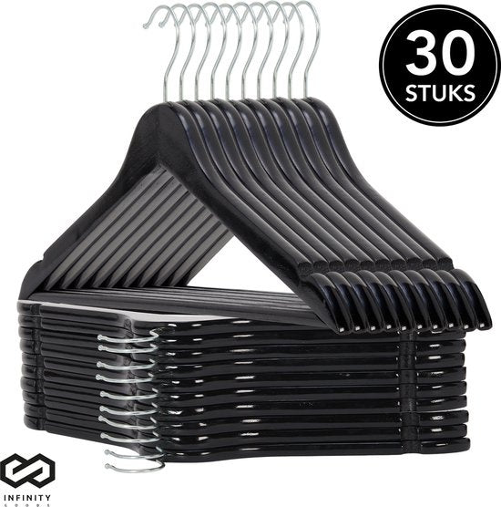 Infinity Goods 30 Houten Kledinghangers Zwart - Kleerhanger - Inkeping en Broeklat - Metalen Haak - Volwassenen - 30 Stuks - Zwart