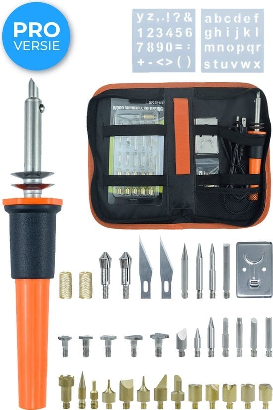 Nuvance - Houtbrander Set - Pyrografie voor Hobby - Soldeerbout - incl. 34 Opzetstukken & 2 Oefen Sjablonen - Soldeerset - Soldeer
