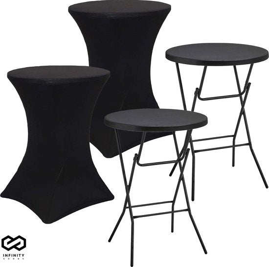 Infinity Goods 2x Stevige Zwarte Statafel + 2x Zwarte Statafelrok - Partytafel - Robuust en Weersbestendig - Inklapbaar - 80cm x 110cm - Feest