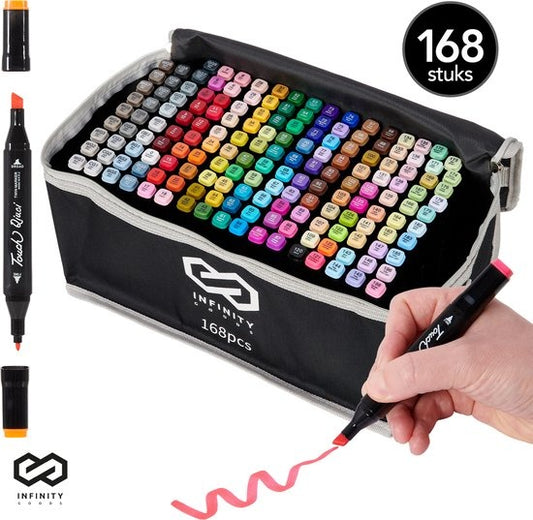 Infinity Goods Twinmarkers 168 Stuks - Professionele Alcohol Markers - Dubbelzijdige Tip - Stiften - Opbergtas Met Houder