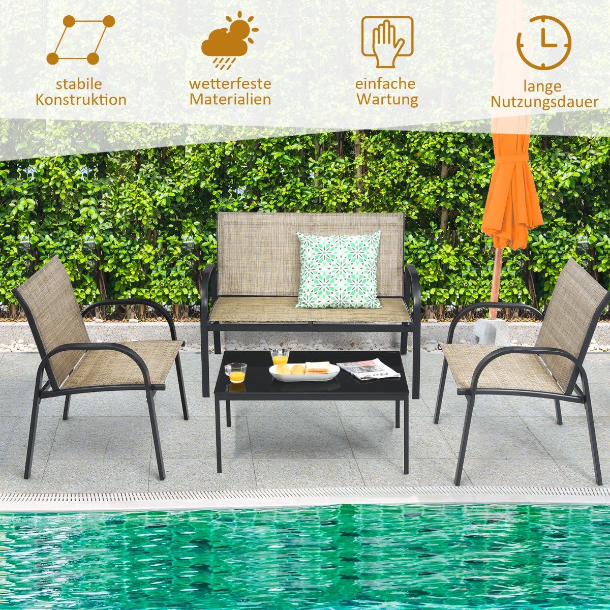 Coast 4-Delige Tuinmeubelset - Bank 2 Stoelen en Salontafel -Bruin - Metaal/Stof/Gehard Glas