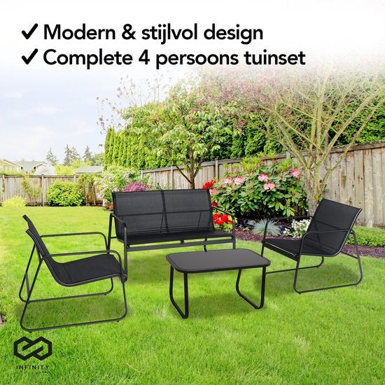 Infinity Goods Tuinset – Incl. Bank, 2 Stoelen & Glazen Tafel – Zwart/Antraciet