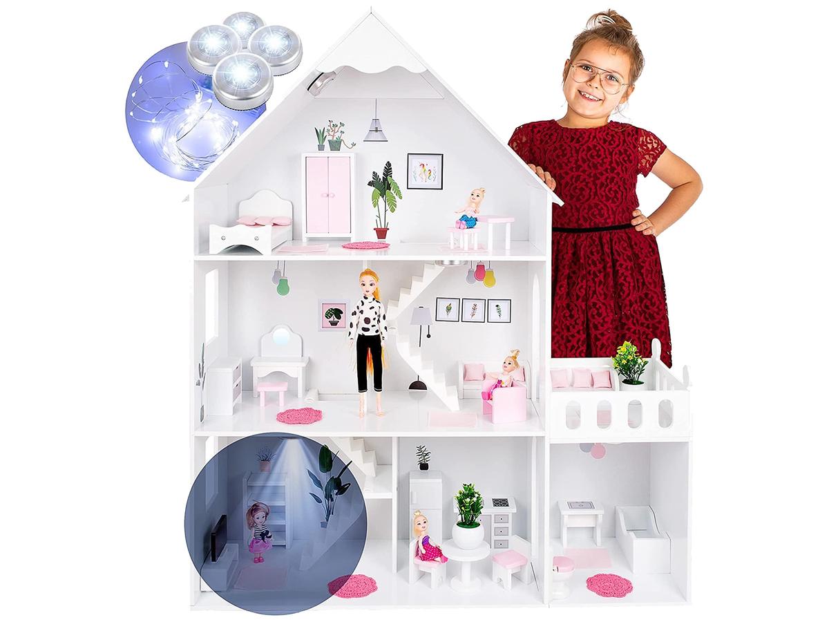 Green series Large Wooden Doll House GS0023B-1 met LED-verlichting
