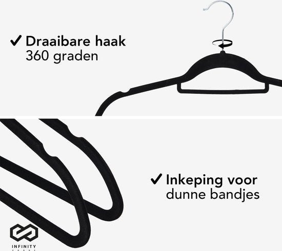 Infinity Goods 50 Kledinghangers Fluweel - Kleerhanger met Anti-Slip - Broekhanger - Metalen Haak - Volwassenen - 50 Stuks - Zwart