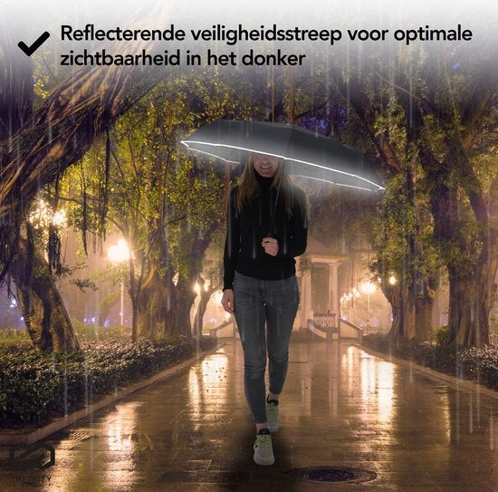 Infinity Goods Stormparaplu - Paraplu - 140 km/u - Reflecterend - Ø 107 cm - Automatisch Uitklapbaar - Beschermhoes - Zwart