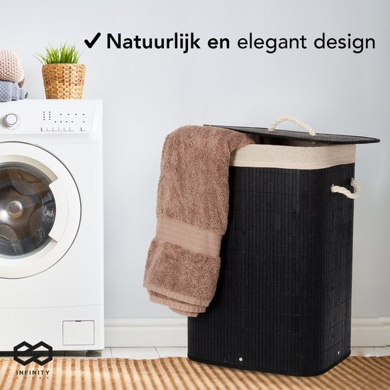 Infinity Goods Wasmand met Deksel Zwart - Bamboe - Wassorteerder - Wasbare katoenen waszak - Handvatten - 72 Liter - Zwart