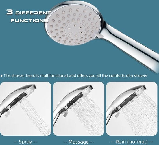 Fuegobird Douchekoppen - met slang en houder - 3 functies - Waterbesparende Handdouche - Zilver