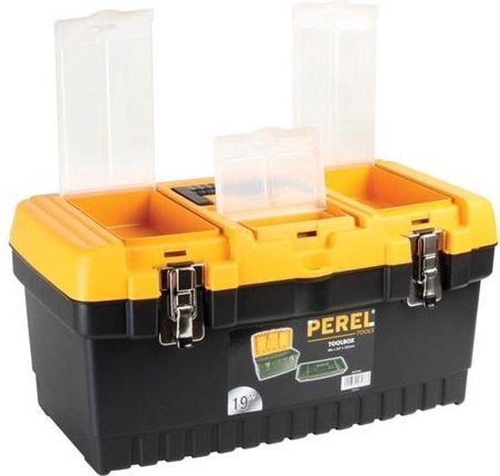 Perel Gereedschapskoffer, polypropyleen, met verwijderbare inlegbak, 3 organizers in het deksel, inklapbaar handvat en metalen sluitingen, zwart/geel, 486 x 267 x 242 mm