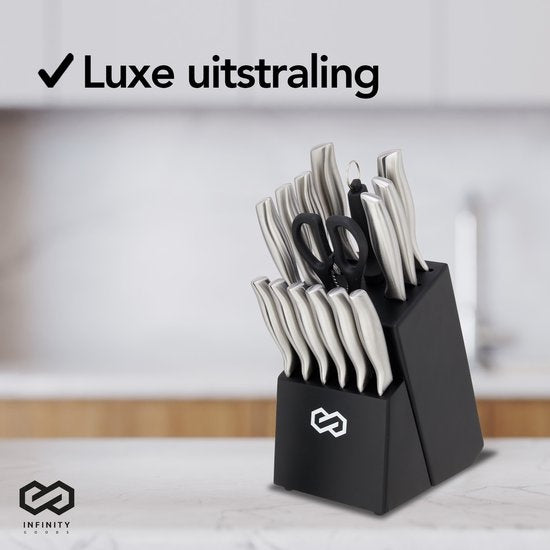 Infinity Goods Messenset - Messenblok - 16 Delig - Met Blok, Messenslijper En Schaar - Krasbestendig - RVS - Zilver/Zwart