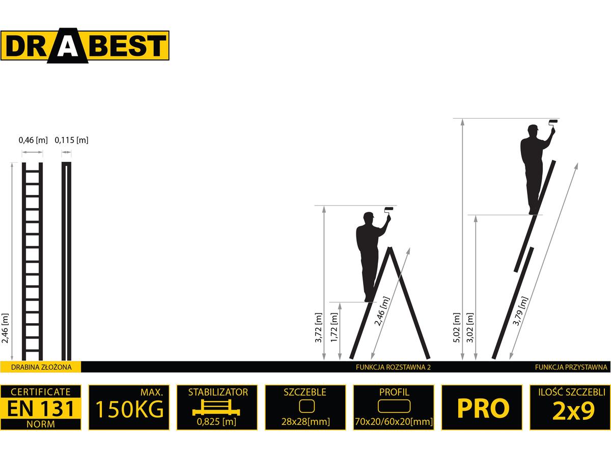 Drabest Combinatie Ladder - 2x 9 Treden - Aluminium - 2,70 m