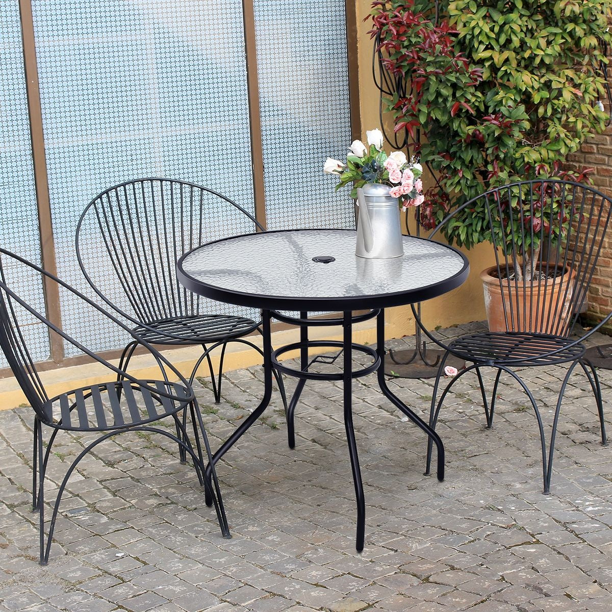 Coast Bistrotafel / Terrastafel - Ø 81 cm, Met Paraplugat, Weerbestendig, 80 kg Belastbaar - Gehard Glas/Ijzer - Zwart