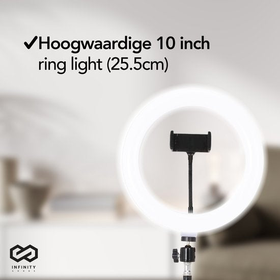 Infinity Goods Ring Light Met Statief - LED - 3 Kleuren - Verstelbaar Statief Tot 186m - Inclusief Stekker - Selfie Ringlight voor Tiktok / Instagram / Youtube / Streaming / Thuis Werken - Zwart