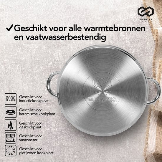 Infinity Goods Soeppan Stamppot - Glazen Deksel - 16,5L - 30 CM - Inductie Gas Keramisch - Vaatwasserbestendig - RVS