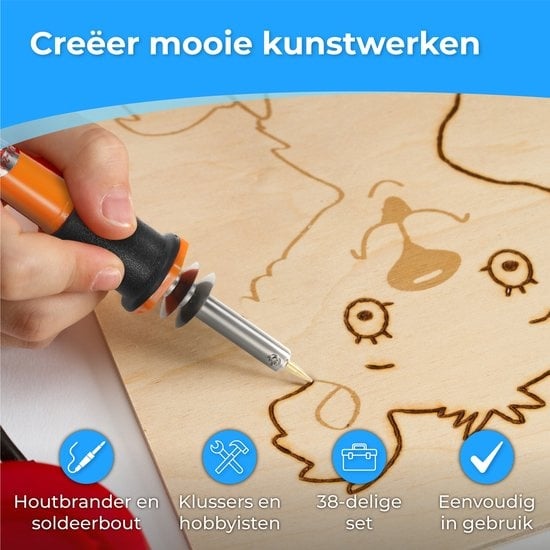 Nuvance - Houtbrander Set - Pyrografie voor Hobby - Soldeerbout - incl. 34 Opzetstukken & 2 Oefen Sjablonen - Soldeerset - Soldeer
