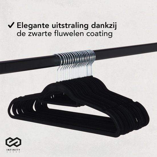 Infinity Goods 50 Kledinghangers Fluweel - Kleerhanger met Anti-Slip - Broekhanger - Metalen Haak - Volwassenen - 50 Stuks - Zwart