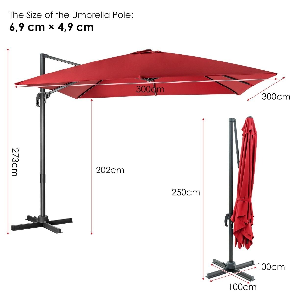 Coast Zweefparasol - Kantelbaar - 300 x 300 x 273 cm - Wijnrood