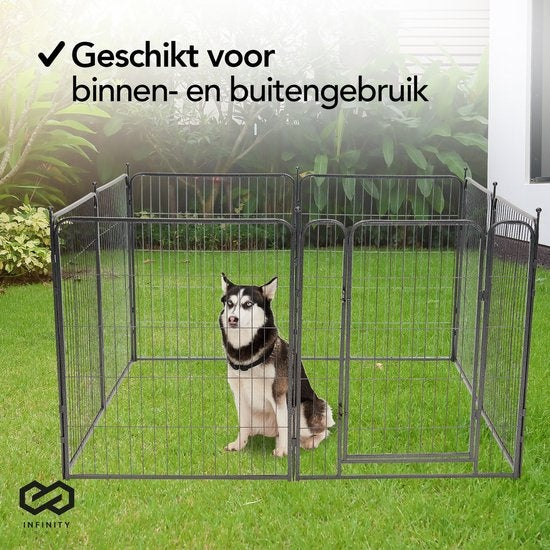 Infinity Goods Hondenren - Puppyren - 8 Panelen - 80 x 80 CM - 640 CM Omtrek - Opvouwbaar - Met Deur - Staal - Zwart