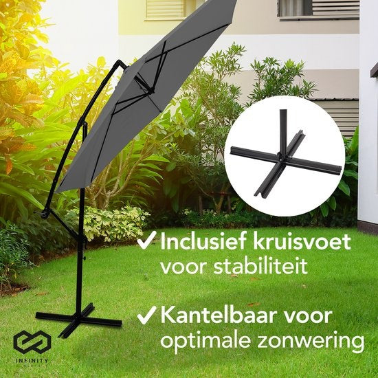 Infinity Goods Zweefparasol - 300CM - Incl. Kruisvoet - Waterdicht - Draai- en kantelbaar - Verstelbare Hoogte - Antraciet