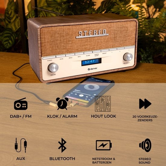 Denver - DAB Radio XL - Retro Radio - Bluetooth - DAB+/ FM - Batterijen & Netstroom - DAB36LW