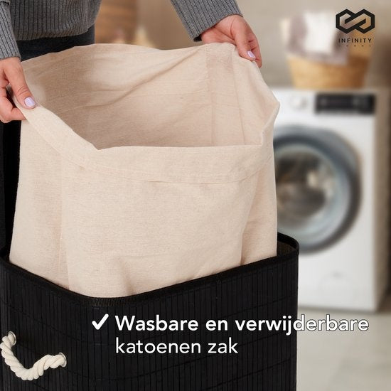 Infinity Goods Wasmand met Deksel Zwart - Bamboe - Wassorteerder - Wasbare katoenen waszak - Handvatten - 72 Liter - Zwart