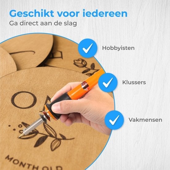 Nuvance - Houtbrander Set - Pyrografie voor Hobby - Soldeerbout - incl. 34 Opzetstukken & 2 Oefen Sjablonen - Soldeerset - Soldeer