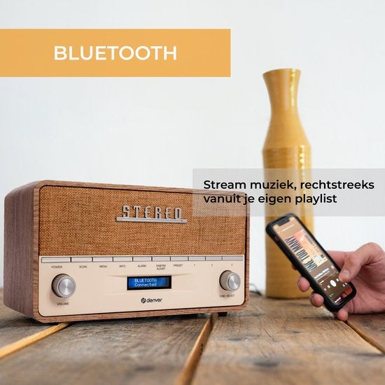 Denver - DAB Radio XL - Retro Radio - Bluetooth - DAB+/ FM - Batterijen & Netstroom - DAB36LW
