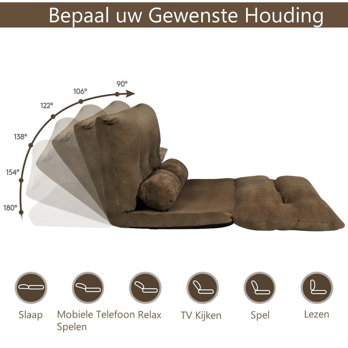 Coast Vloerbank met 2 Kussens - Inklapbaar en Verstelbaar - 108 x 178 x 18 cm - Koffiekleur