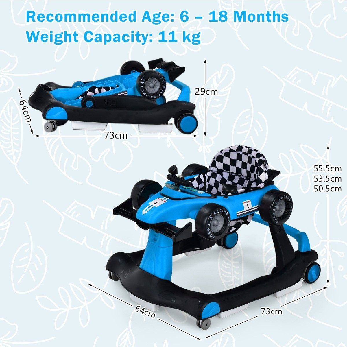 Coast 4-in-1 Loopwagen - Instelbare Hoogte - Anti Slip Pads - Blauw - 73 x 64 x 50,5-55,5 cm